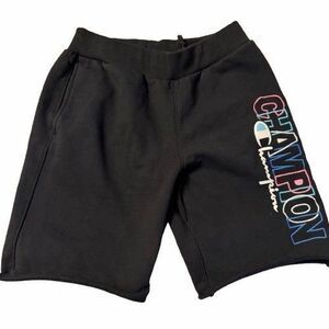 Champion Mens Medium Black Athletic Shorts Logo Graphic Gym Raw Hem Casual